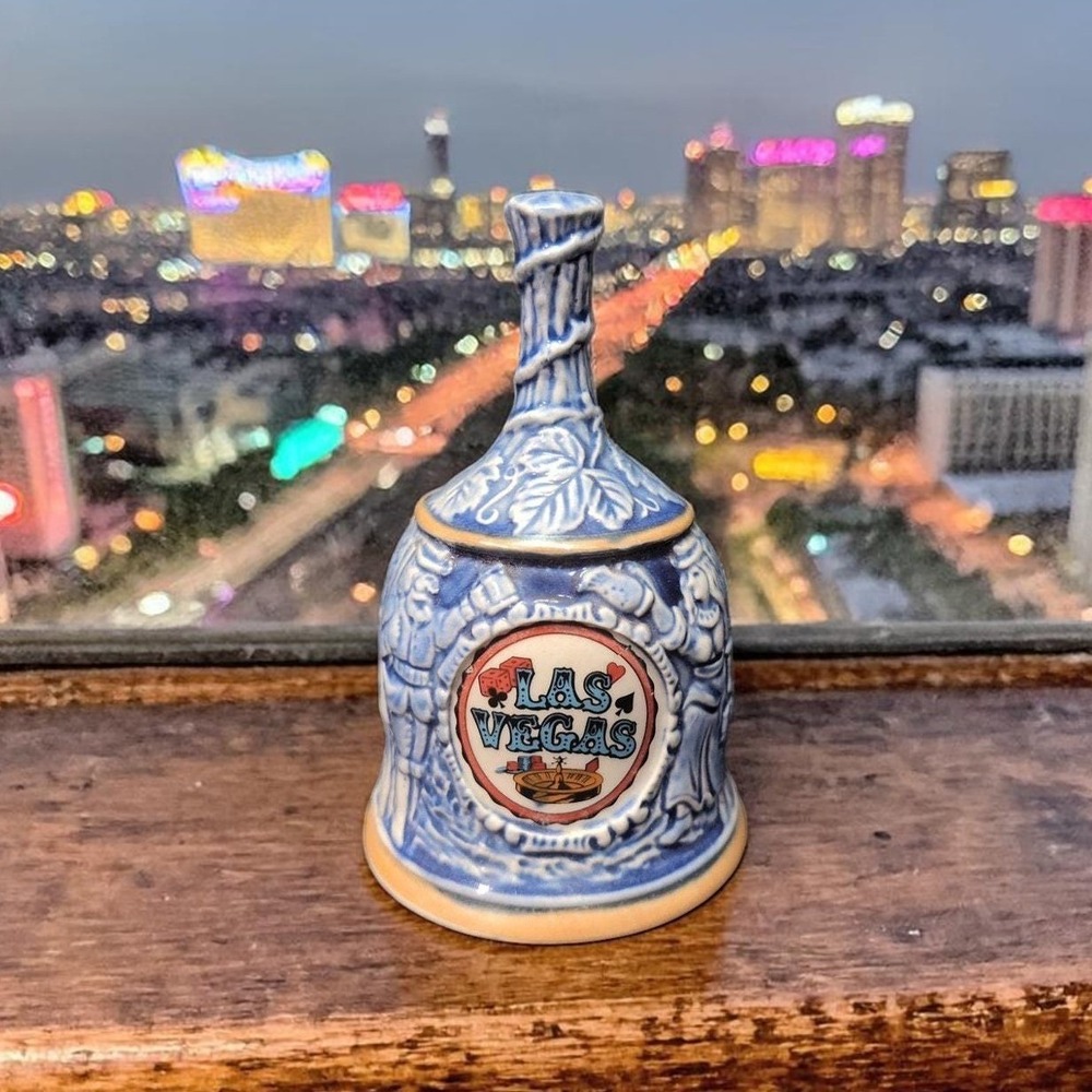 Las Vegas Raised Relief Ceramic Bell, Vintage Blue & White Souvenir, Collectible